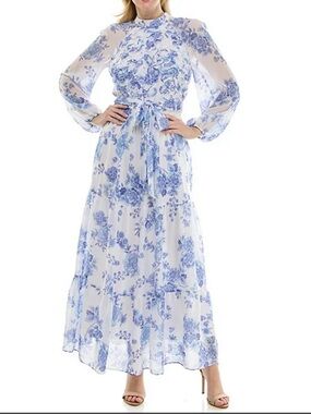 🆕 Moda Tara Floral Blue and White belted long sleeve Maxi Dress